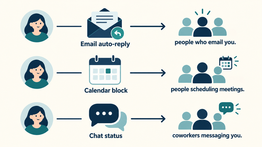 An email reply, calendar block, and chat status tell different people that you are away.