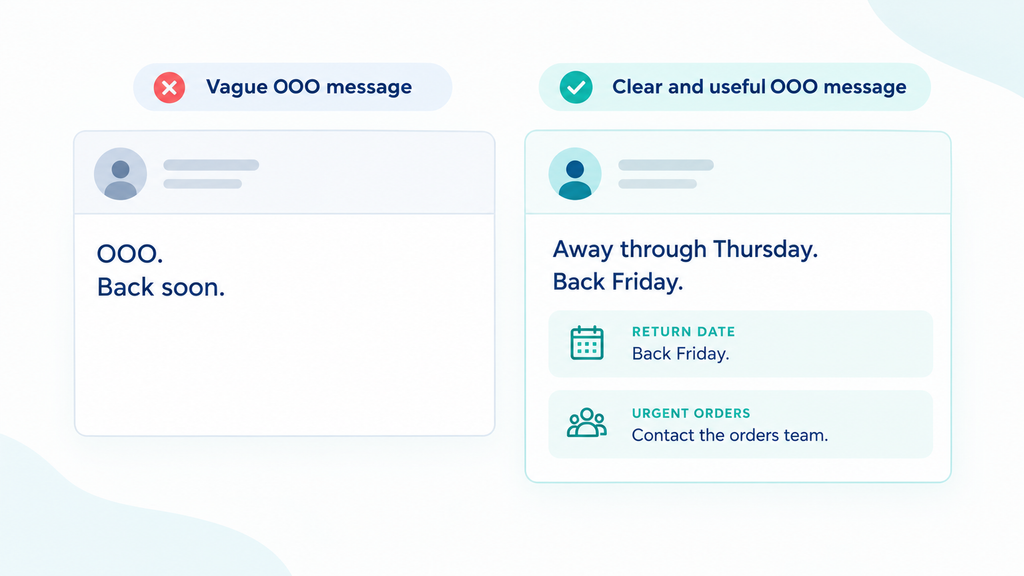 A specific return date and backup contact make an out-of-office message more useful.