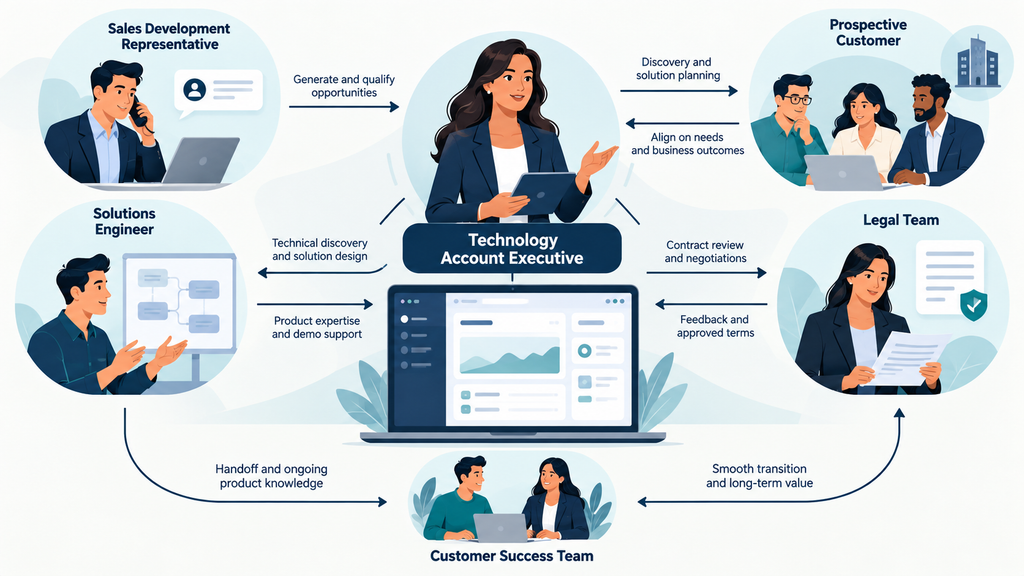 Technology Account Executive coordinating teams during a software sale