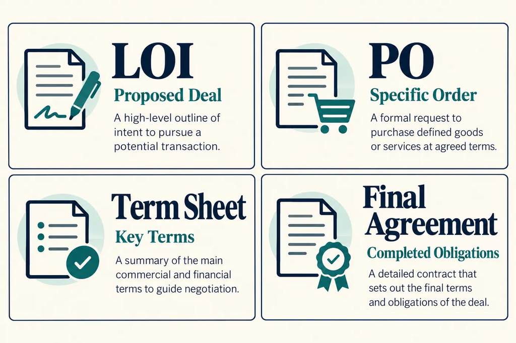 Business LOI, purchase order, term sheet, and final contract compared by purpose