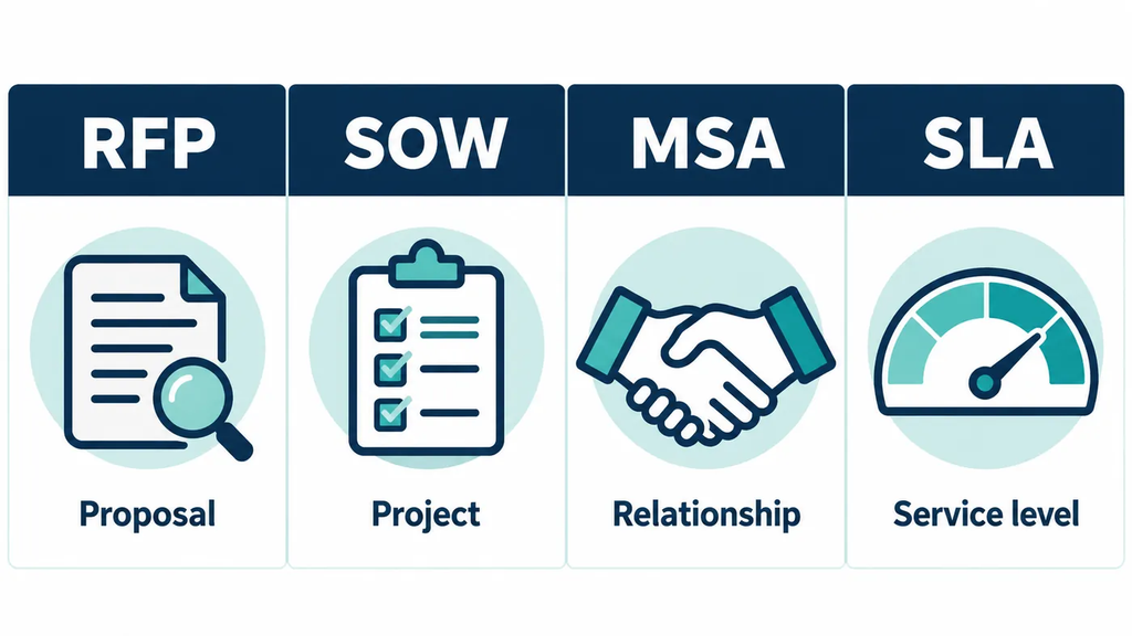 RFP, SOW, MSA, and SLA compared by their business purpose.