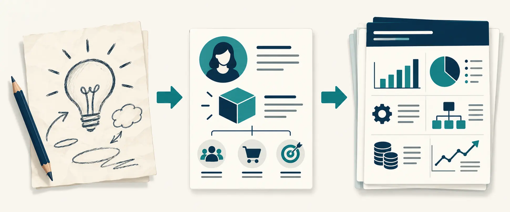 Diagram showing how a business idea develops into a business concept and then a business plan