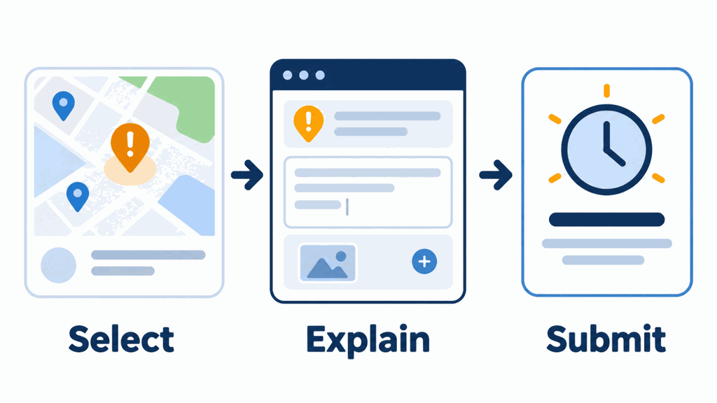 Select an incorrect business listing, explain the issue, and submit a Maps removal request for review.